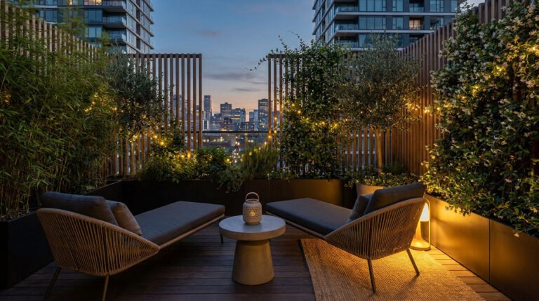 Terrasse urbaine avec chaises longues, brise-vue en bois, plantes et guirlandes lumineuses au crépuscule.