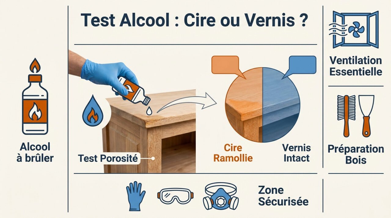 test de l'alcool sur un meuble en bois pour identifier le vernis ou la cire
