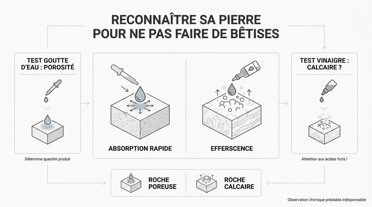 Test de la goutte d'eau et du vinaigre sur une pierre naturelle