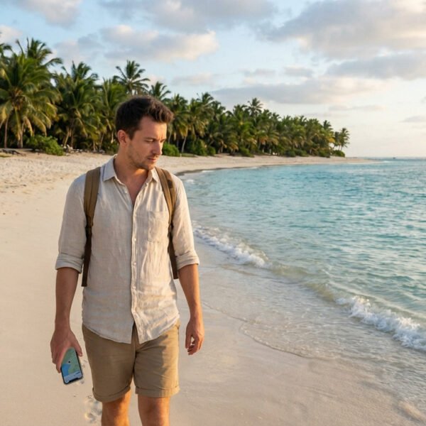 Un homme portant une chemise claire et un short marche seul sur une plage de sable près de l'eau, tenant un smartphone, avec des palmiers et des nuages en arrière-plan.