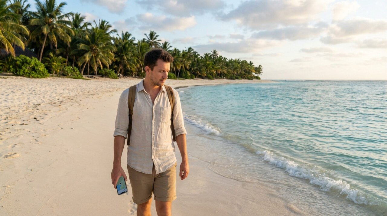 Un homme portant une chemise claire et un short marche seul sur une plage de sable près de l'eau, tenant un smartphone, avec des palmiers et des nuages en arrière-plan.