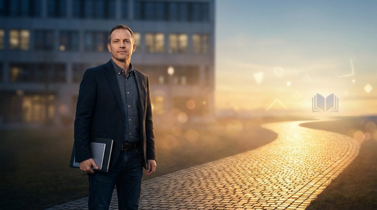Confident man stands at a golden path leading to a bright horizon with a glowing book icon, leaving a blurred office building behind.