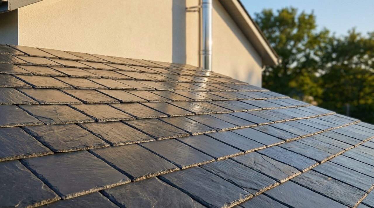 Toiture en ardoise naturelle gris foncé, avec des tuiles rectangulaires bien rangées. En arrière-plan, mur de maison et arbres.