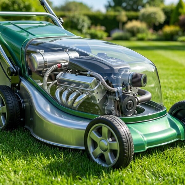 Tondeuse concept vert et argent, moteur V8 puissant visible sous capot transparent, sur pelouse luxuriante et jardin ensoleillé.