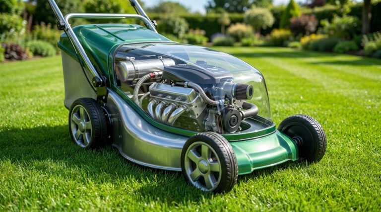 Tondeuse concept vert et argent, moteur V8 puissant visible sous capot transparent, sur pelouse luxuriante et jardin ensoleillé.