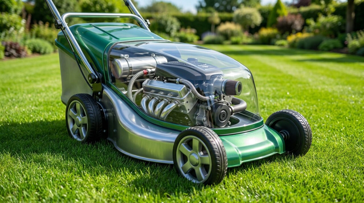 Tondeuse concept vert et argent, moteur V8 puissant visible sous capot transparent, sur pelouse luxuriante et jardin ensoleillé.