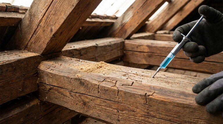 Une main gantée injecte un liquide bleu dans une poutre en bois infestée. Sciure et dégâts d'insectes visibles sur la charpente.