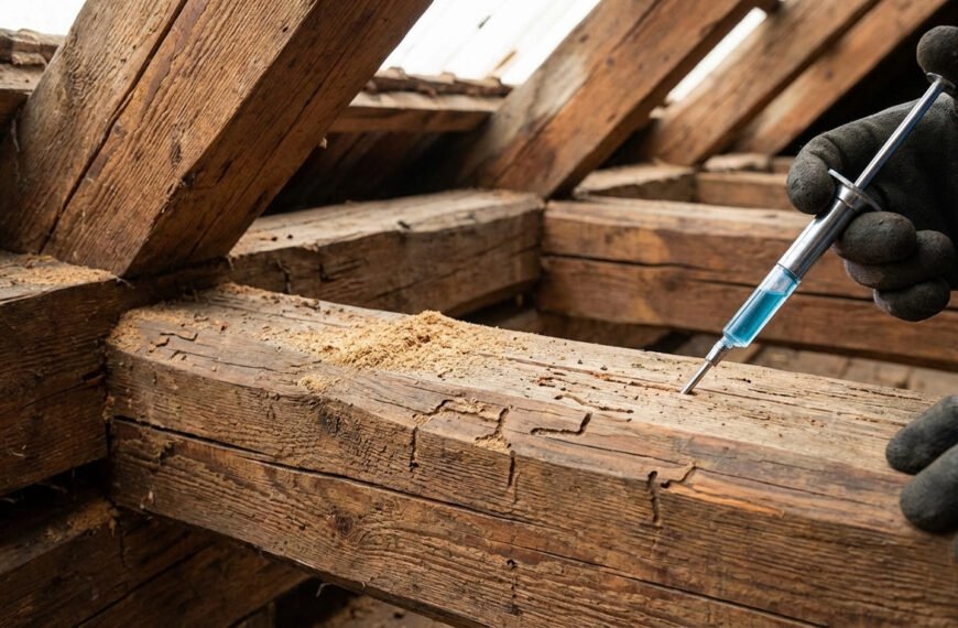 Une main gantée injecte un liquide bleu dans une poutre en bois infestée. Sciure et dégâts d'insectes visibles sur la charpente.