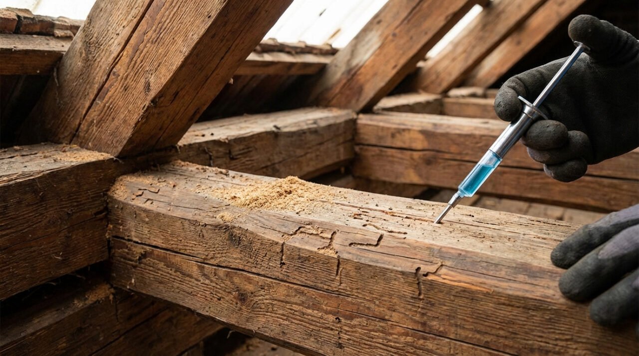 Une main gantée injecte un liquide bleu dans une poutre en bois infestée. Sciure et dégâts d'insectes visibles sur la charpente.