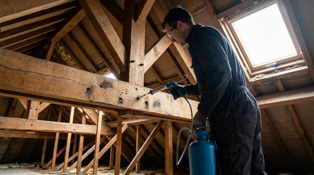 Homme avec lunettes de protection appliquant un traitement insecticide sur une charpente en bois dans un grenier.