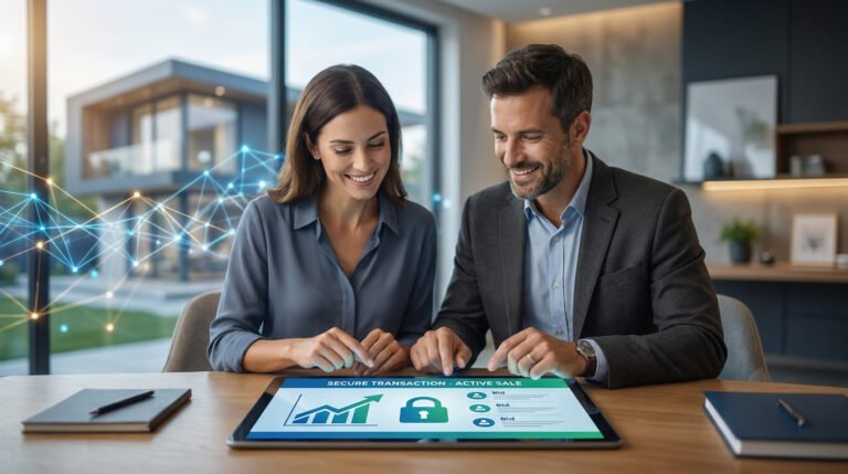 Un couple professionnel utilise une tablette numérique affichant une interface de vente immobilière sécurisée.