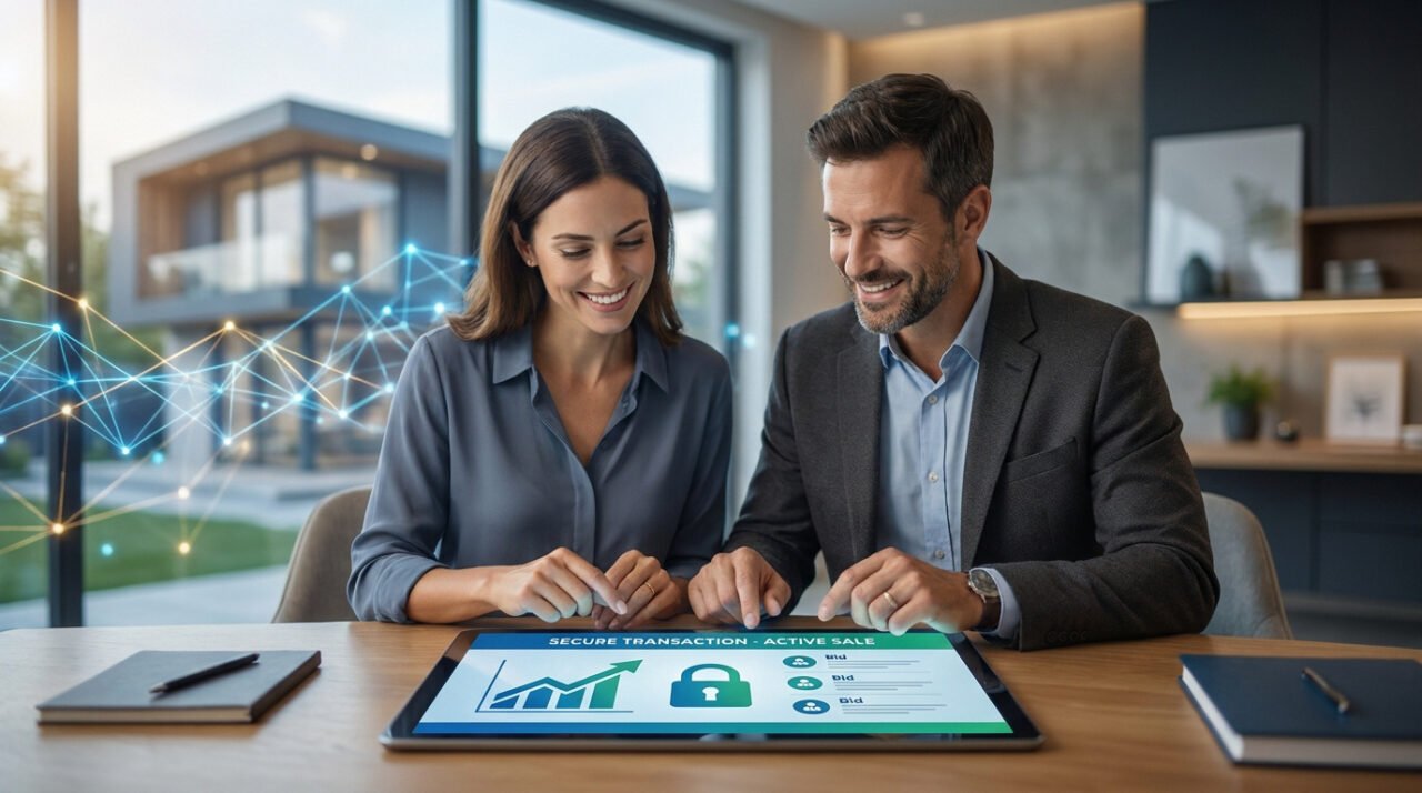 Un couple professionnel utilise une tablette numérique affichant une interface de vente immobilière sécurisée.