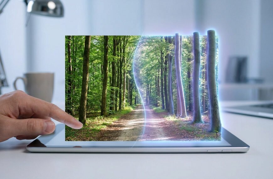 Une main touche une tablette affichant une forêt en 3D avec un effet de profondeur lumineux.