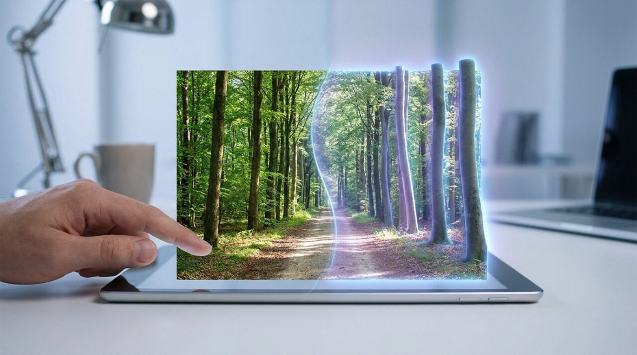 Une main touche une tablette affichant une forêt en 3D avec un effet de profondeur lumineux.