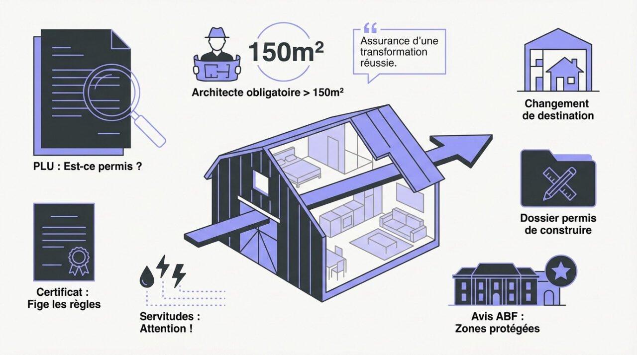 Transformation d'une grange ancienne en loft moderne avec grandes baies vitrées