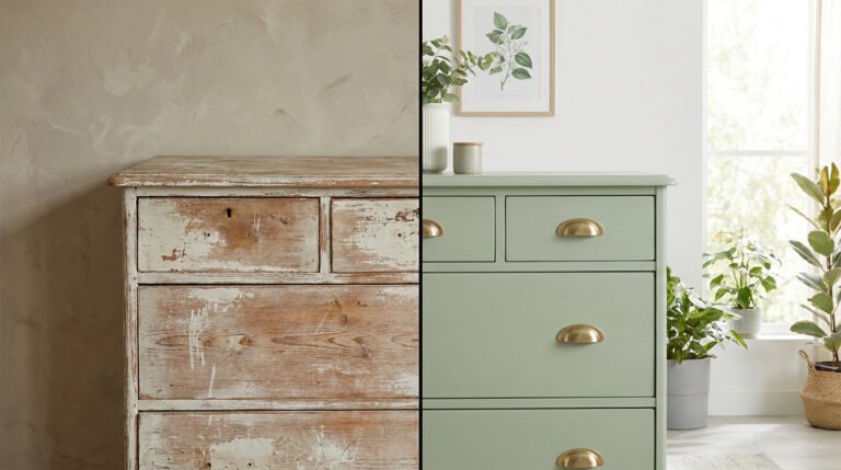 Comparaison avant et après d'une commode en bois rénovée, peinte en vert sauge avec de nouvelles poignées dorées.