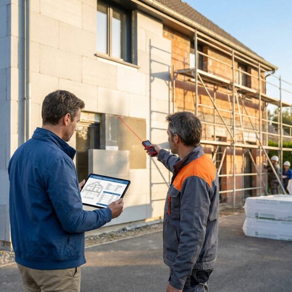 Un professionnel utilise un télémètre laser pour mesurer la façade d'une maison en travaux lors d'une étude de devis.