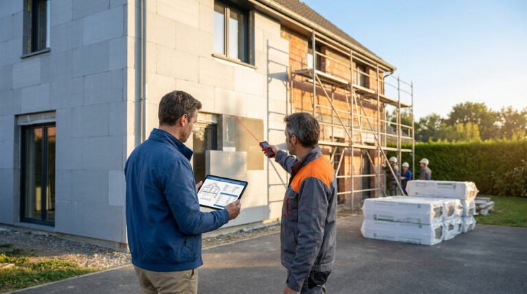 Un professionnel utilise un télémètre laser pour mesurer la façade d'une maison en travaux lors d'une étude de devis.
