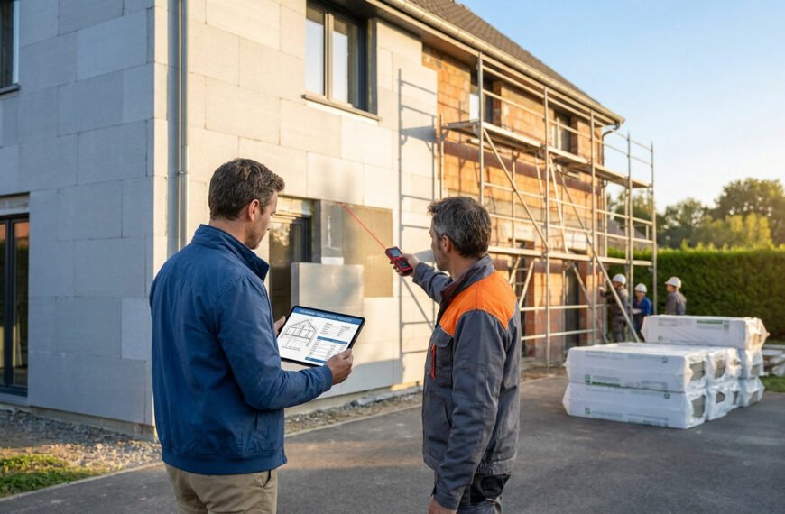 Un professionnel utilise un télémètre laser pour mesurer la façade d'une maison en travaux lors d'une étude de devis.