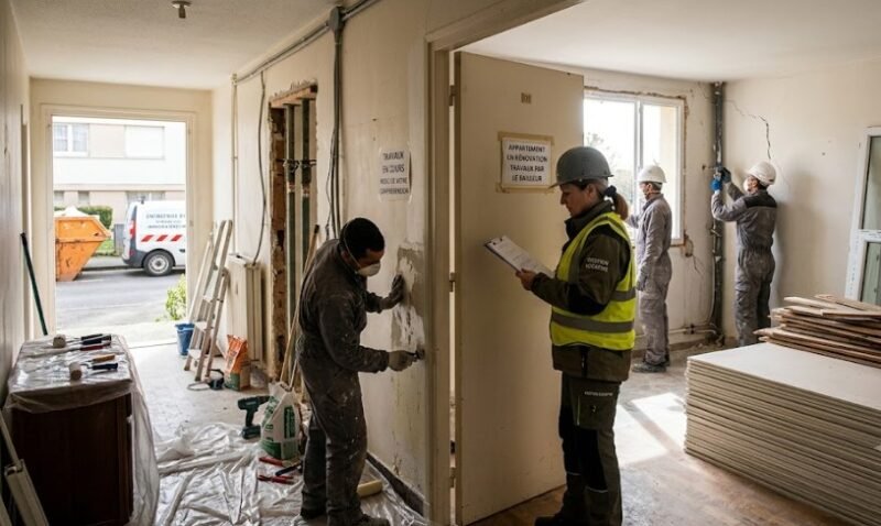 Des ouvriers équipés de tenues de sécurité rénovent un espace intérieur ; l'un d'entre eux effectue une inspection, un bloc-notes à la main, tandis que d'autres réparent les murs et les fenêtres.