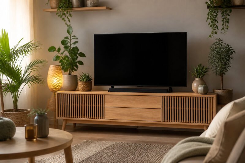Meuble TV en bois clair avec façades striées, entouré de plantes dans un salon chaleureux et lumineux.