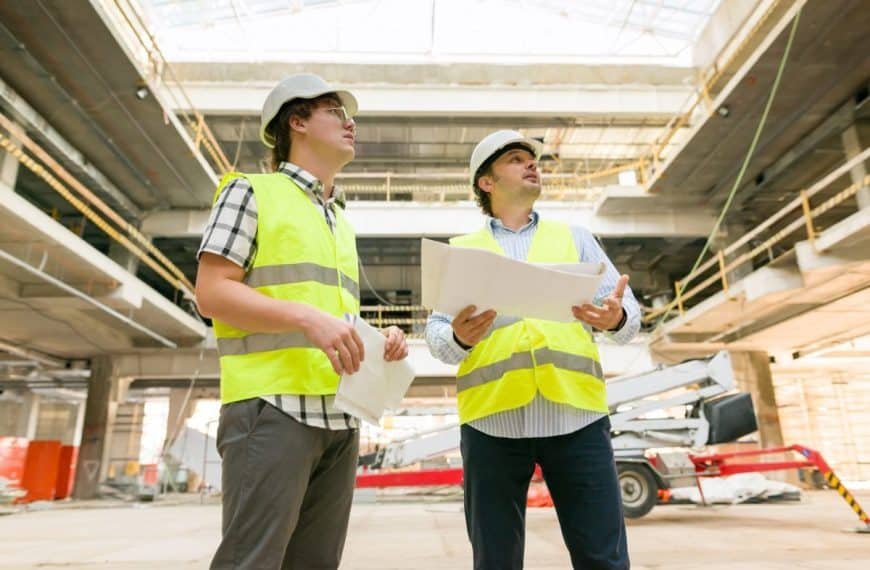 Deux ouvriers du bâtiment portant des gilets de haute visibilité et des casques de sécurité examinent les plans à l'intérieur d'un grand bâtiment en construction.