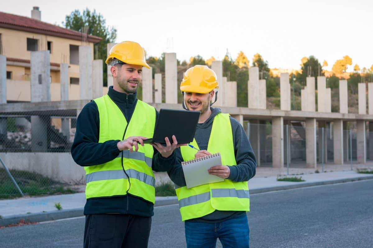 Two men wearing a hard hat and a reflective vest work in the construction industry