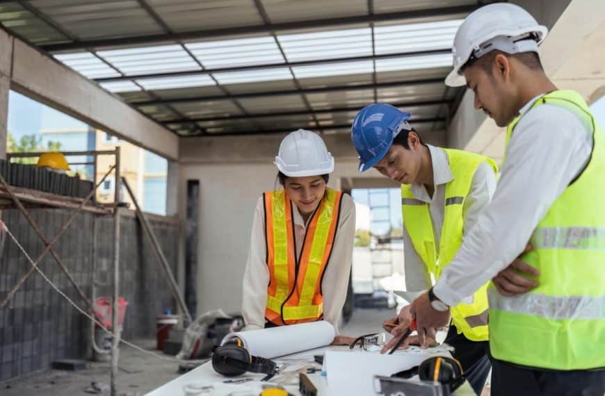 Trois ouvriers du bâtiment portant un équipement de sécurité examinent des plans à une table à l'intérieur d'une structure partiellement construite.