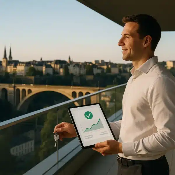 Un homme sur un balcon tient une tablette affichant un graphique et une coche, ainsi qu'une clé, avec un paysage urbain et un pont en arrière plan.