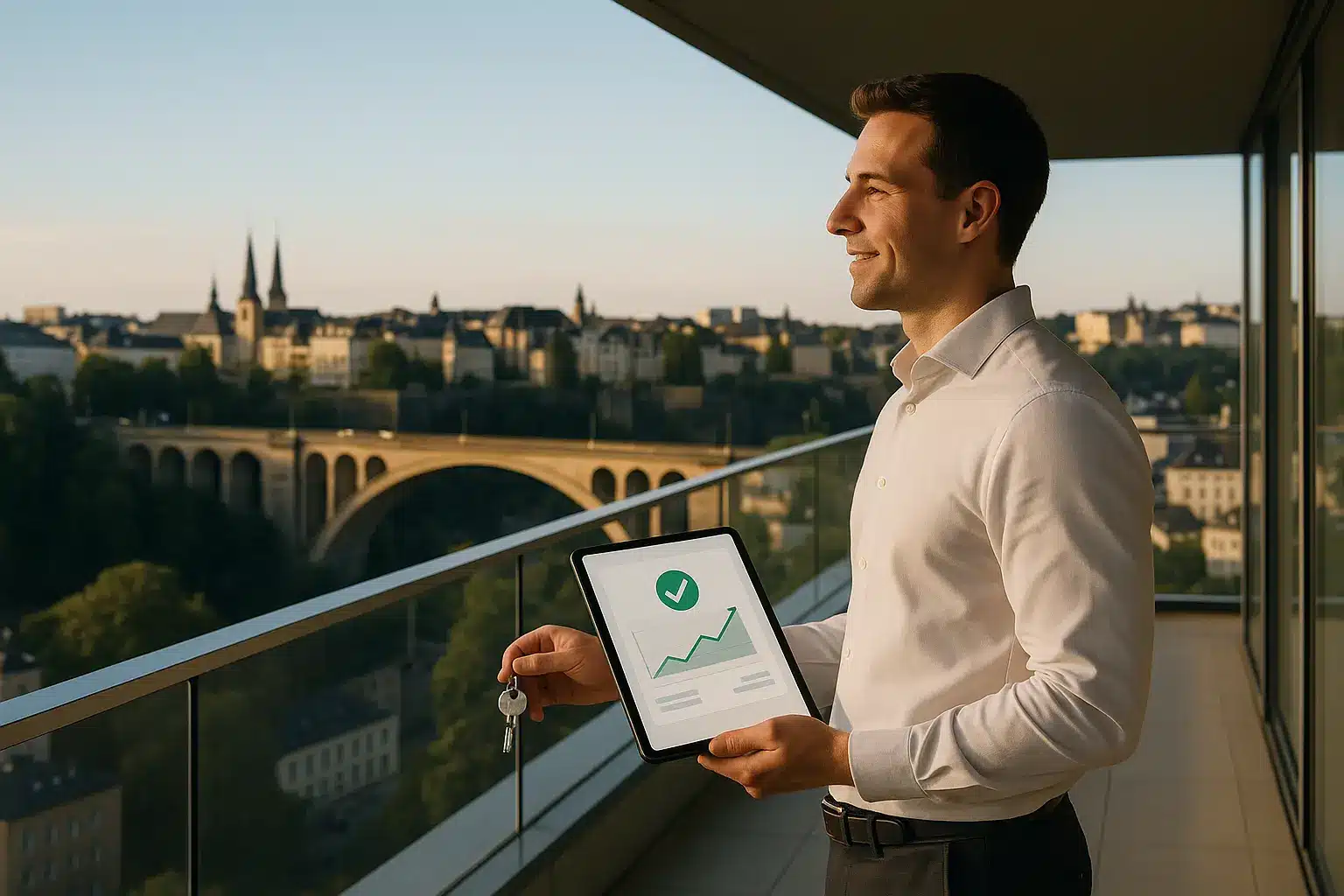 Un homme sur un balcon tient une tablette affichant un graphique et une coche, ainsi qu'une clé, avec un paysage urbain et un pont en arrière plan.