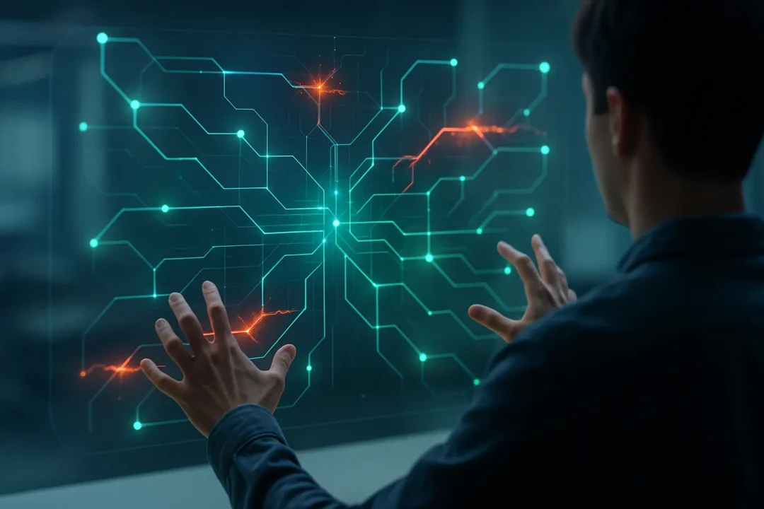 Une personne interagit avec un grand écran tactile transparent affichant un circuit numérique lumineux, dont certaines zones sont surlignées en rouge.