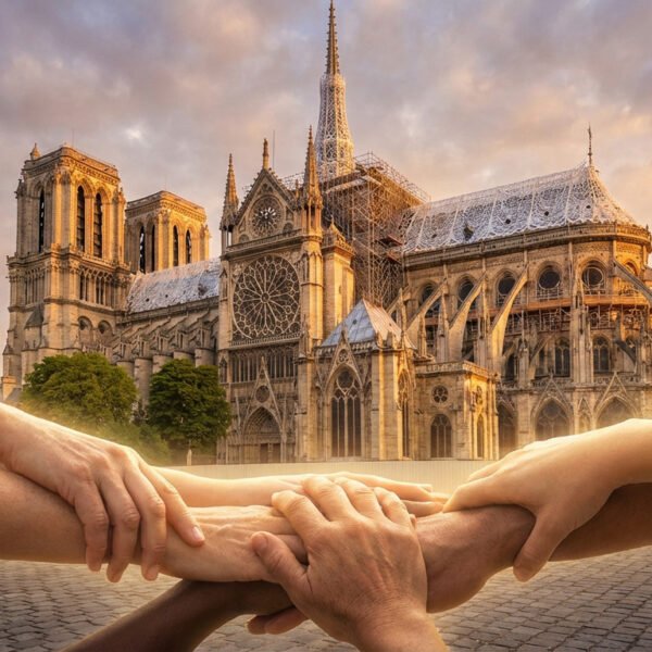 Notre-Dame Cathedral under restoration, bathed in golden dawn light. Diverse hands in foreground symbolize collective support and hope.
