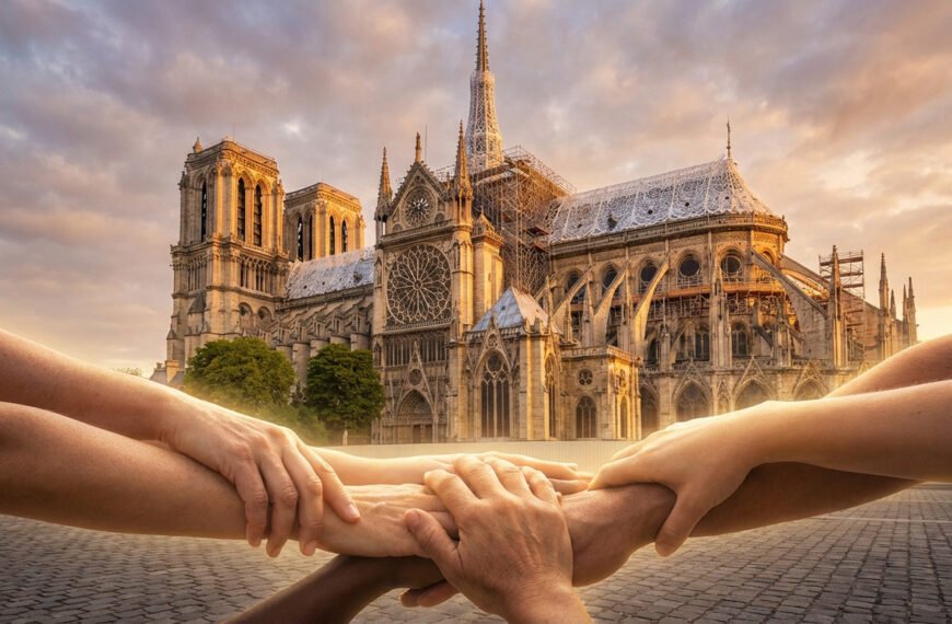 Notre-Dame Cathedral under restoration, bathed in golden dawn light. Diverse hands in foreground symbolize collective support and hope.