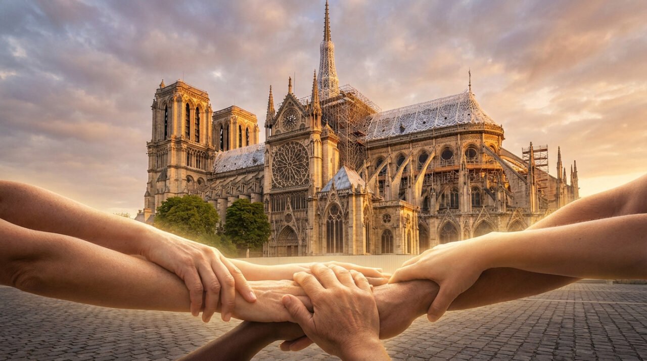 Notre-Dame Cathedral under restoration, bathed in golden dawn light. Diverse hands in foreground symbolize collective support and hope.