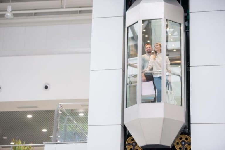 Deux personnes sont debout dans un ascenseur en verre, tenant des sacs de courses et regardant vers l'extérieur tandis que l'ascenseur monte à l'intérieur d'un bâtiment moderne.