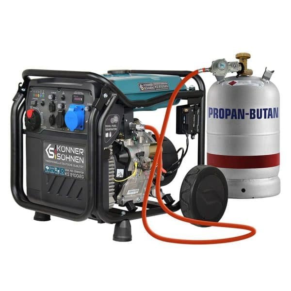 Générateur portable connecté à un réservoir de gaz propane butane avec un tuyau orange, montrant le panneau de commande et les composants du moteur.
