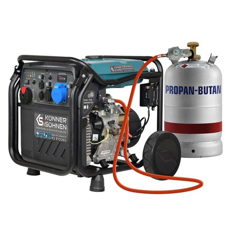 Générateur portable connecté à un réservoir de gaz propane butane avec un tuyau orange, montrant le panneau de commande et les composants du moteur.