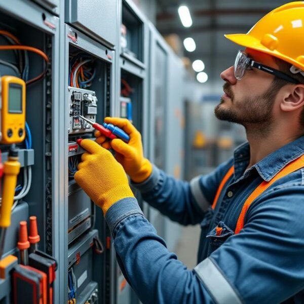 Un électricien portant un équipement de sécurité inspecte et ajuste le câblage à l'intérieur d'un panneau électrique industriel dans un atelier.