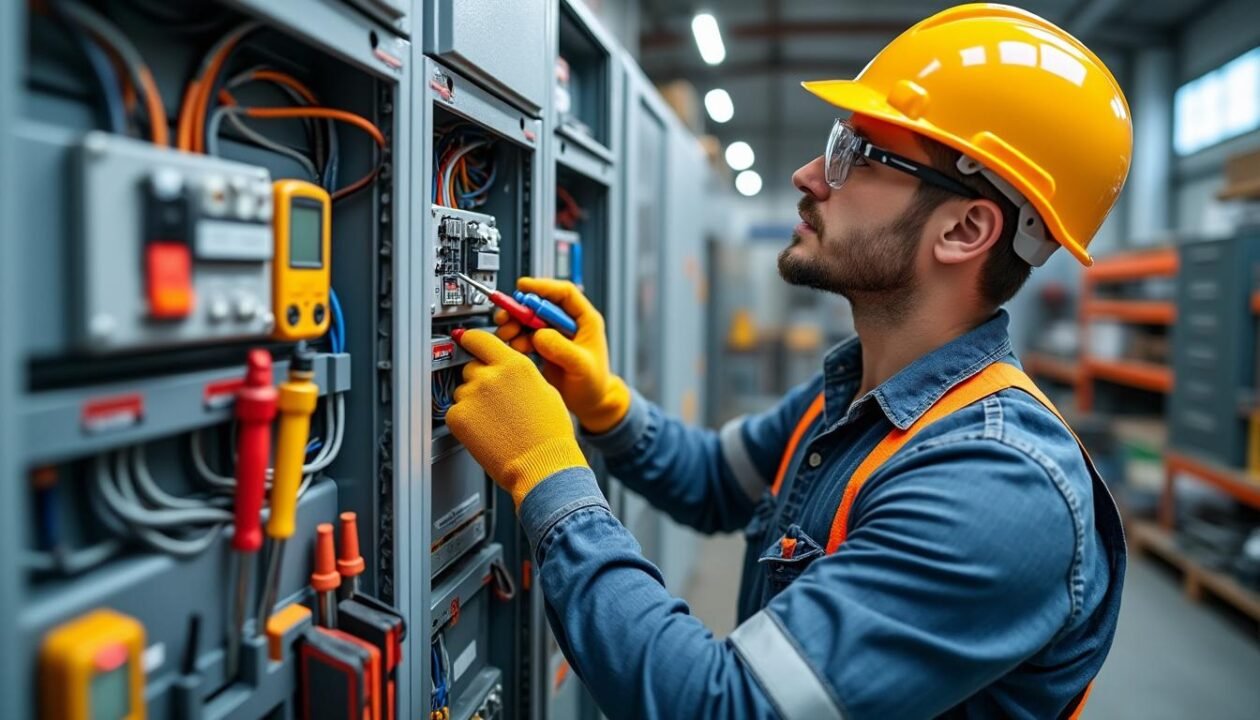 Un électricien portant un équipement de sécurité inspecte et ajuste le câblage à l'intérieur d'un panneau électrique industriel dans un atelier.