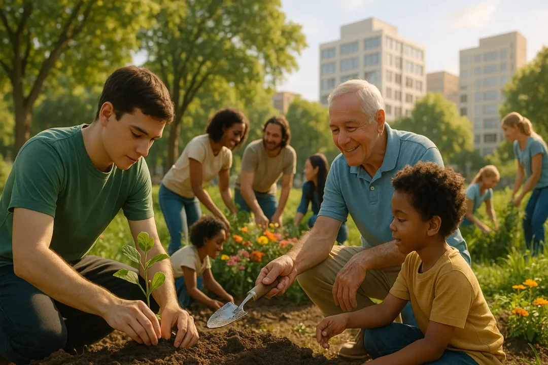 Des personnes de différents âges plantent et entretiennent ensemble un jardin dans un parc urbain par une journée ensoleillée, avec des bâtiments visibles à l'arrière plan.