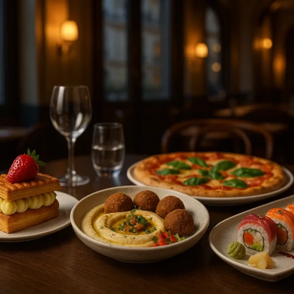 Une table avec une pâtisserie à la crème de fraise, du houmous avec des falafels, une pizza margarita, des rouleaux de sushi, deux verres à vin et un verre à eau dans un restaurant faiblement éclairé.