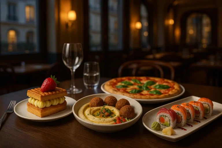 Une table avec une pâtisserie à la crème de fraise, du houmous avec des falafels, une pizza margarita, des rouleaux de sushi, deux verres à vin et un verre à eau dans un restaurant faiblement éclairé.