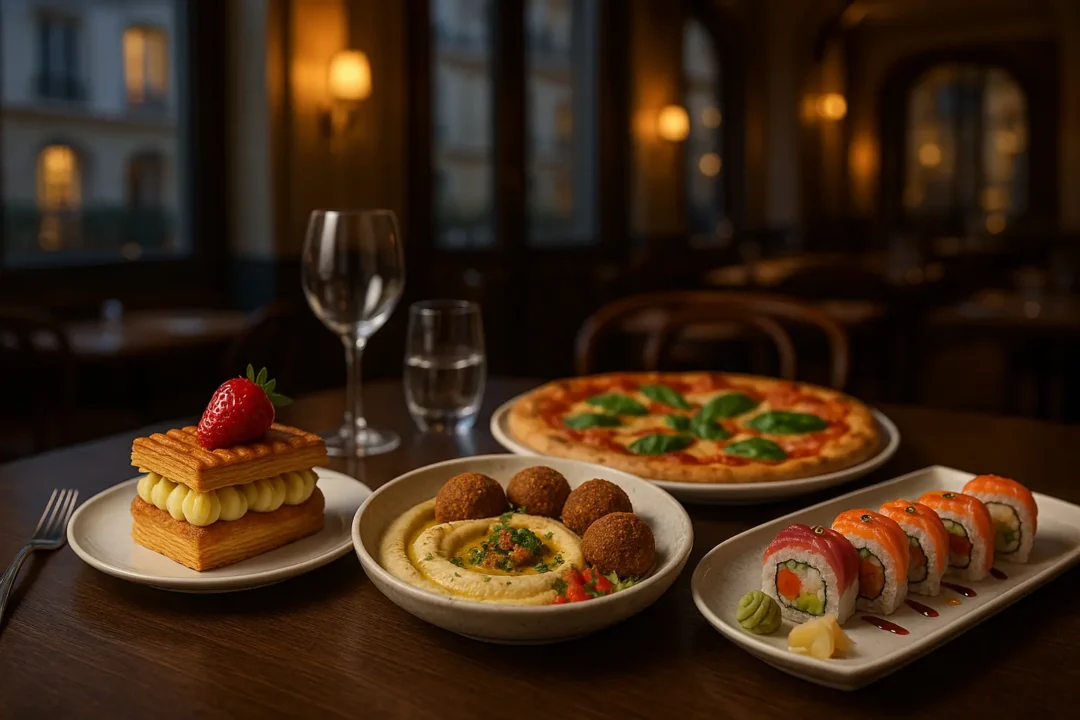 Une table avec une pâtisserie à la crème de fraise, du houmous avec des falafels, une pizza margarita, des rouleaux de sushi, deux verres à vin et un verre à eau dans un restaurant faiblement éclairé.