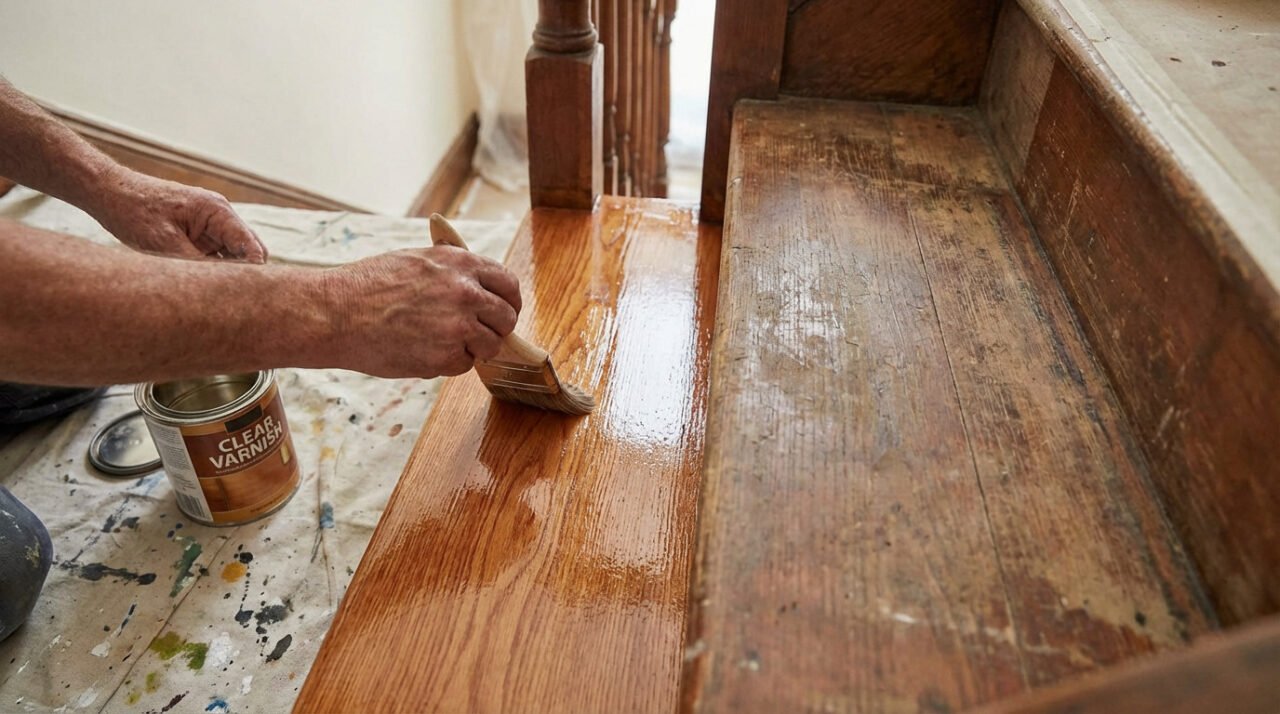 Hands apply clear varnish to a wooden stair step, creating a glossy finish next to a worn, dull step. Varnish can and brush visible.