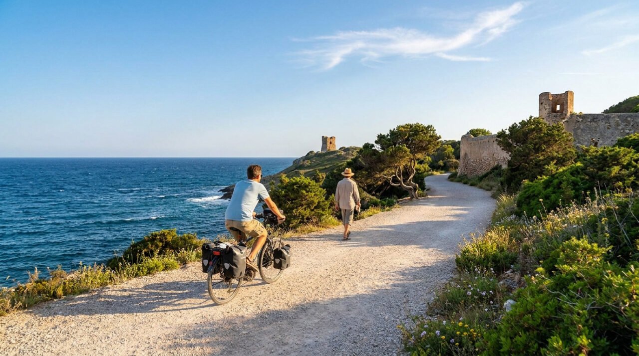 Homme à vélo et personne à pied sur un chemin côtier de l'île d'Aix, mer bleue et tours historiques au loin.