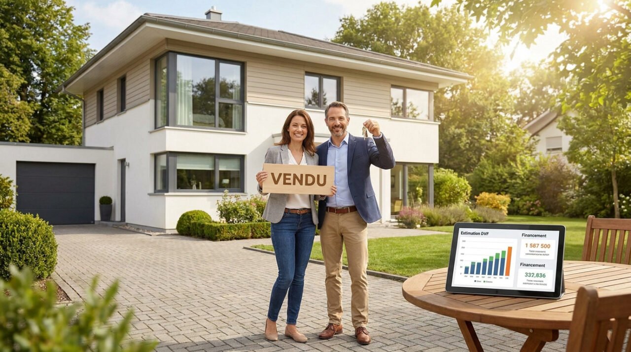Un couple souriant tient une pancarte VENDU devant leur maison moderne avec une tablette affichant des données financières.