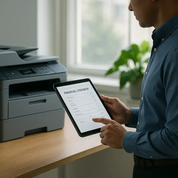 Une personne tenant une tablette affichant un état financier se tient à côté d'une imprimante dans un bureau bien éclairé avec une plante en arrière plan.