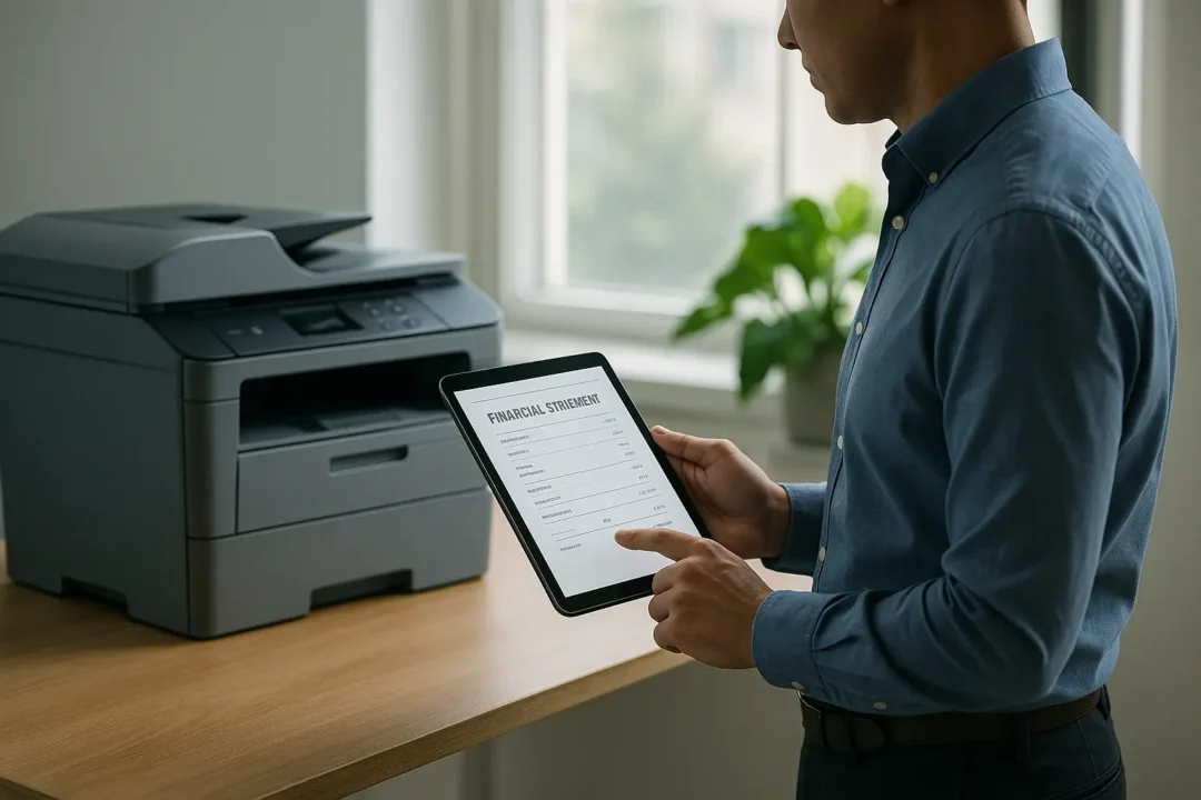 Une personne tenant une tablette affichant un état financier se tient à côté d'une imprimante dans un bureau bien éclairé avec une plante en arrière plan.