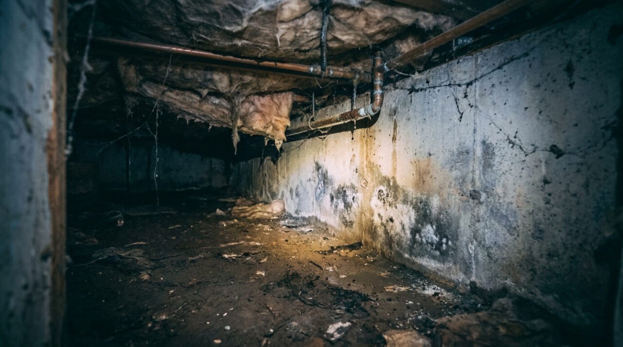 Vue intérieure d'un vide sanitaire sombre présentant de l'humidité, des moisissures sur le béton et de l'isolant abîmé.