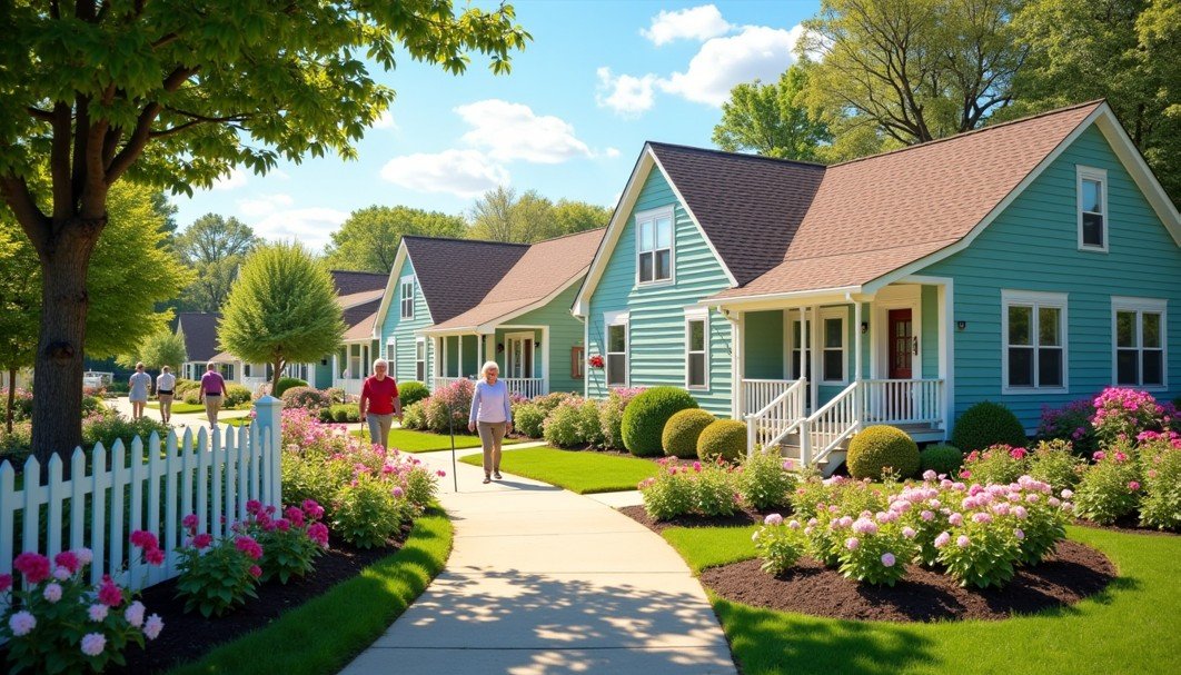 Par une journée ensoleillée, des gens se promènent sur un trottoir dans un quartier de banlieue où l'on trouve des maisons colorées, des porches, des clôtures blanches et des jardins en fleurs.